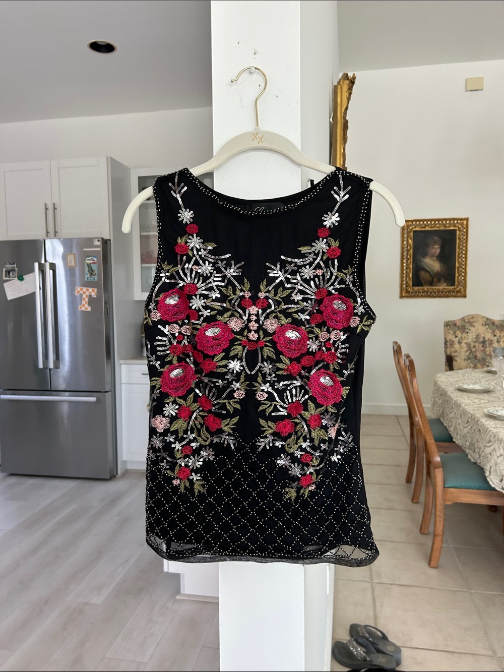 Frank Lyman Design Black Mesh Top with Pink Sequin Trim